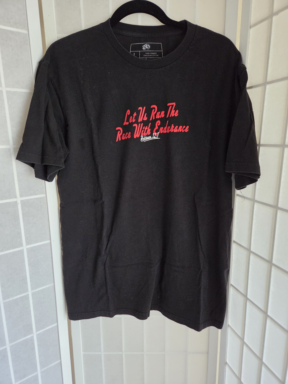 Inspirational Black Short-Sleeve Tee with Red Script Size Large